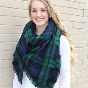 Kelly Green, Dark Blue & Black Plaid Blanket Scarf